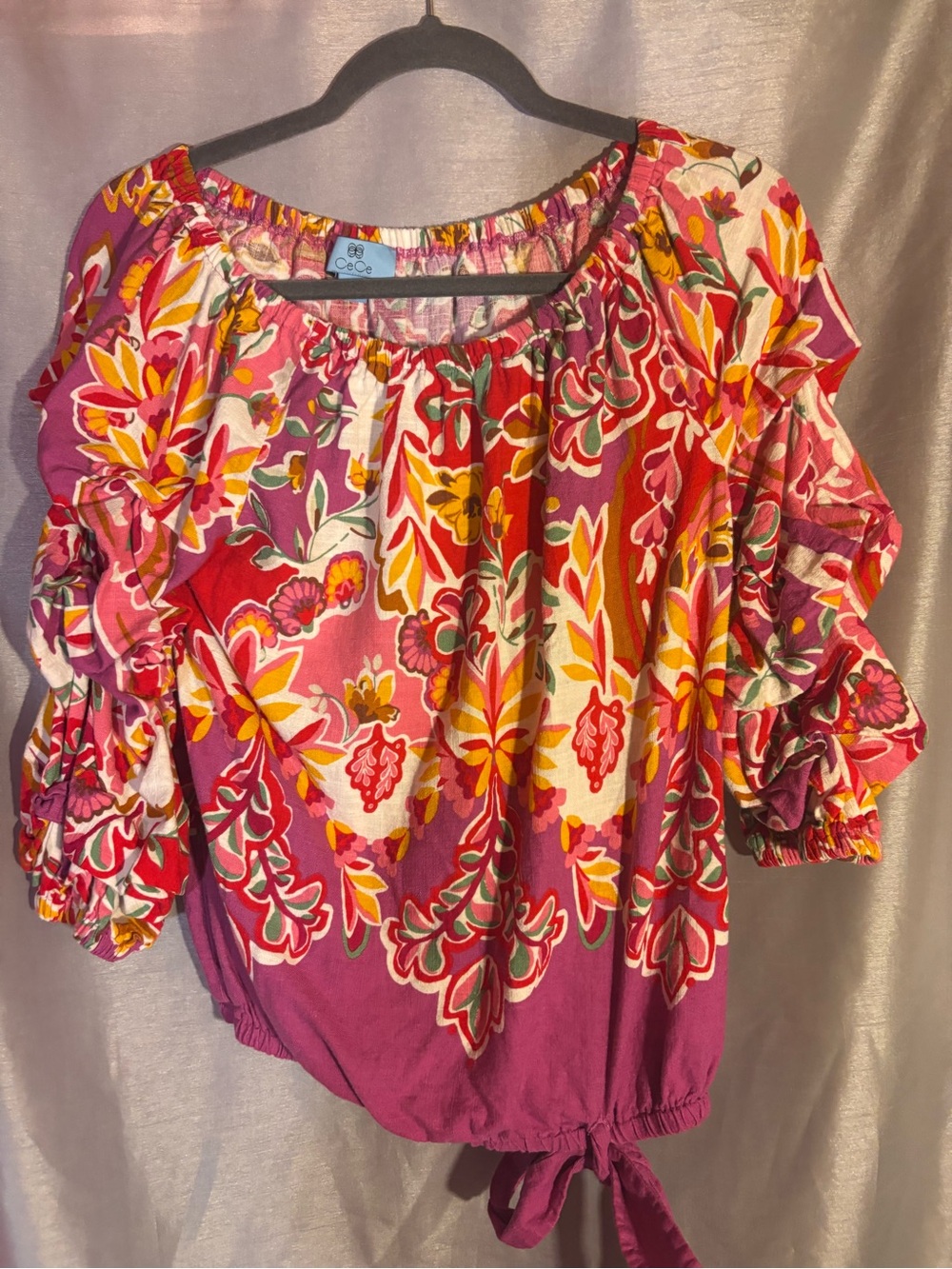 CeCe Purple Pink Floral Off-Shoulder Tie-Hem Top